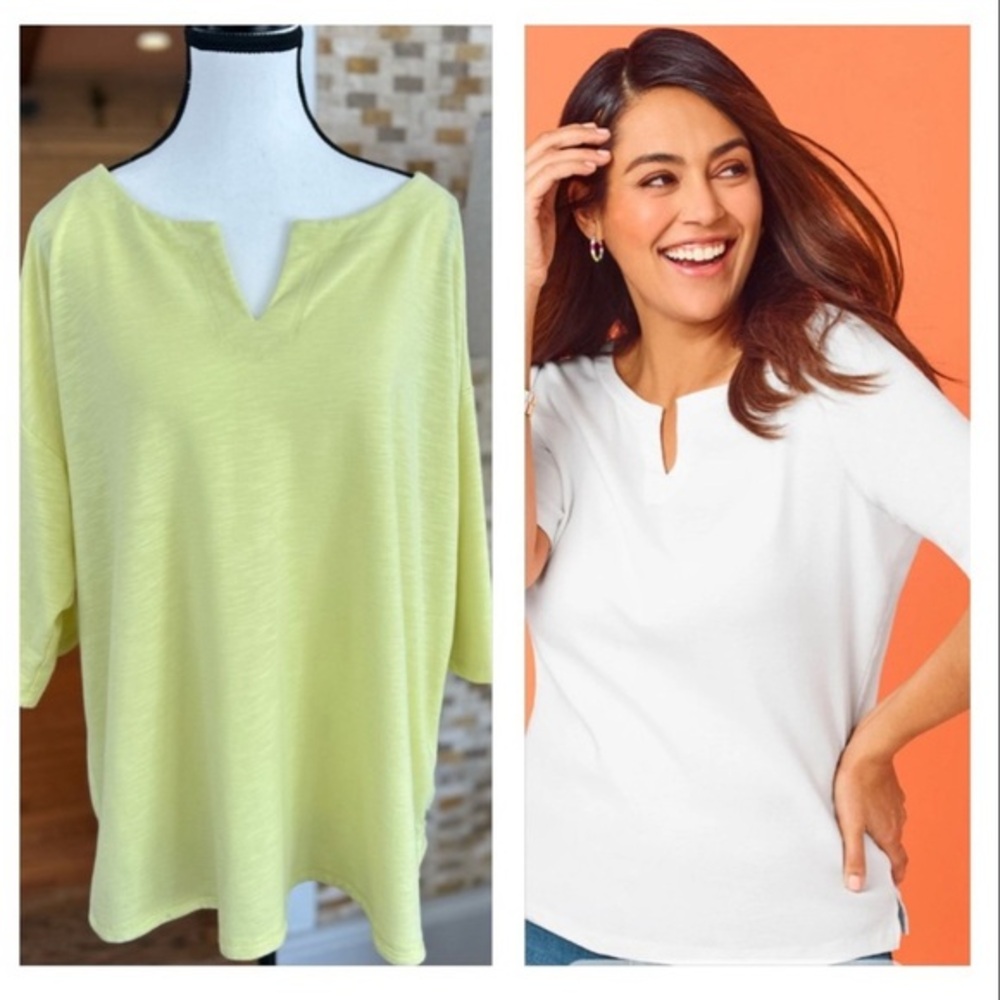T by Talbots Green and Yellow Boxy Tunic with Notched Collar